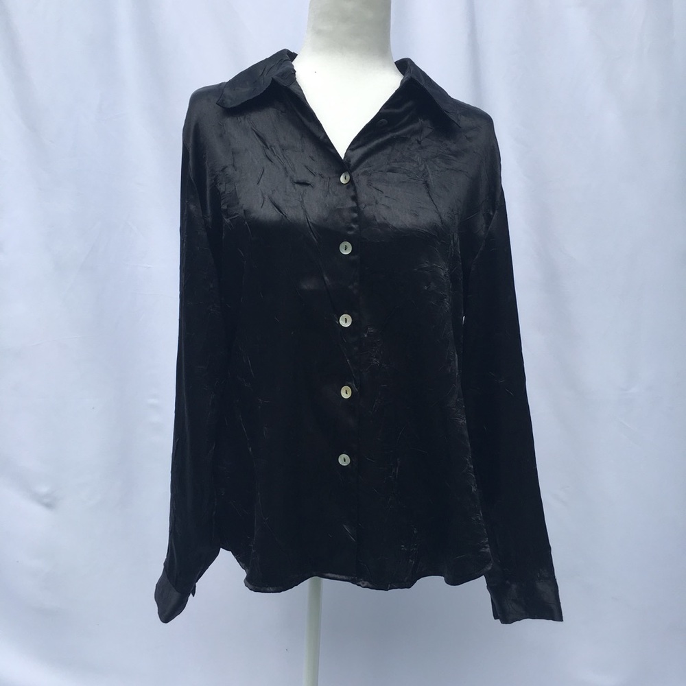 Tess Shiny Deep Black Textured Button Down - image 2